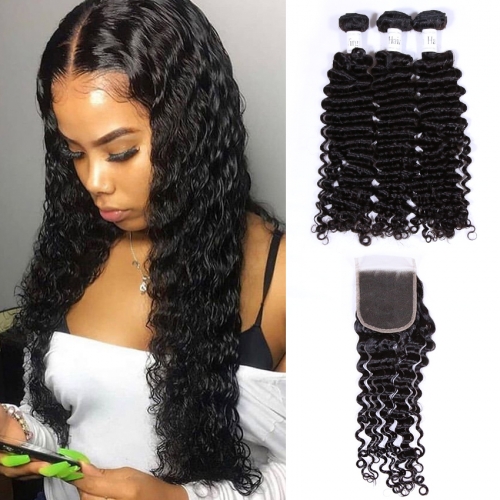 XYS Hot Selling Deep Wave Closure 100% Unprocessed Virgin Human Hair Extensions